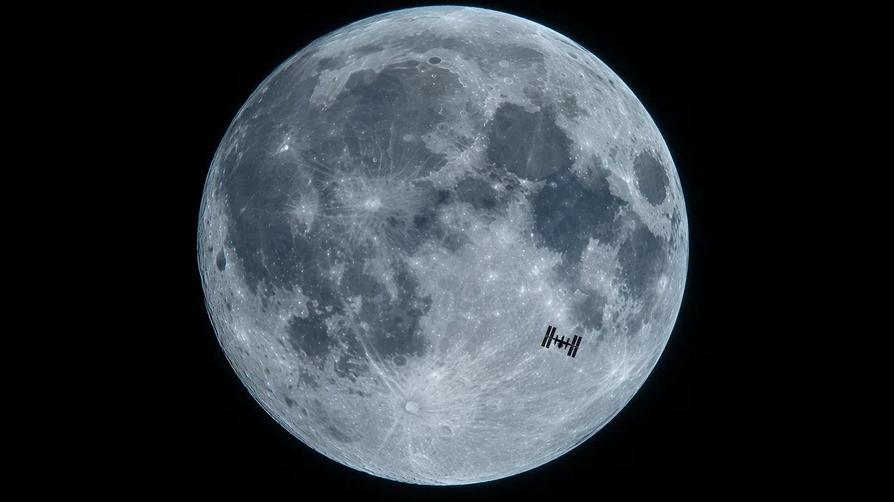The International Space Station silhouetted as a tiny dark shape crossing the face of the full Moon