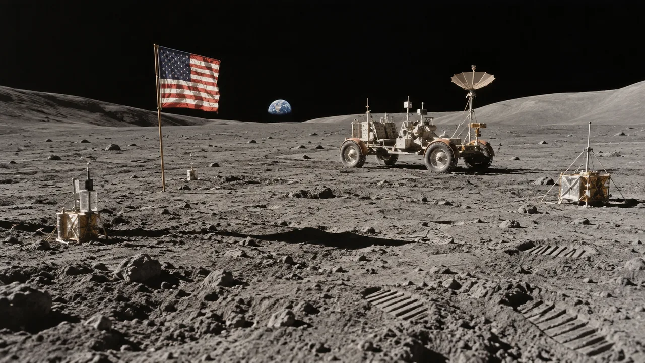 Apollo lunar surface scene with a US flag, a Moon rover, scientific equipment, and Earth on the horizon
