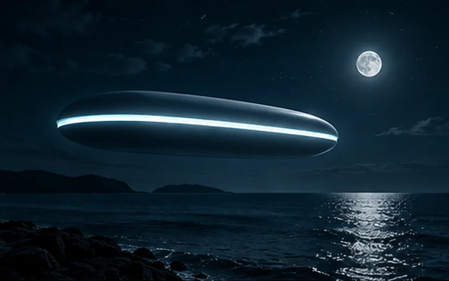 A stylised tic-tac craft over the ocean at night