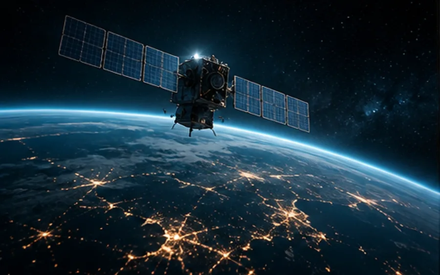 A satellite as a moving point of light over Earth at night